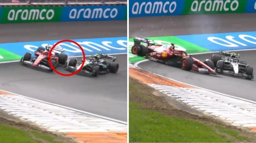 Watch the Antonelli-Leclerc contact as the Ferrari spun