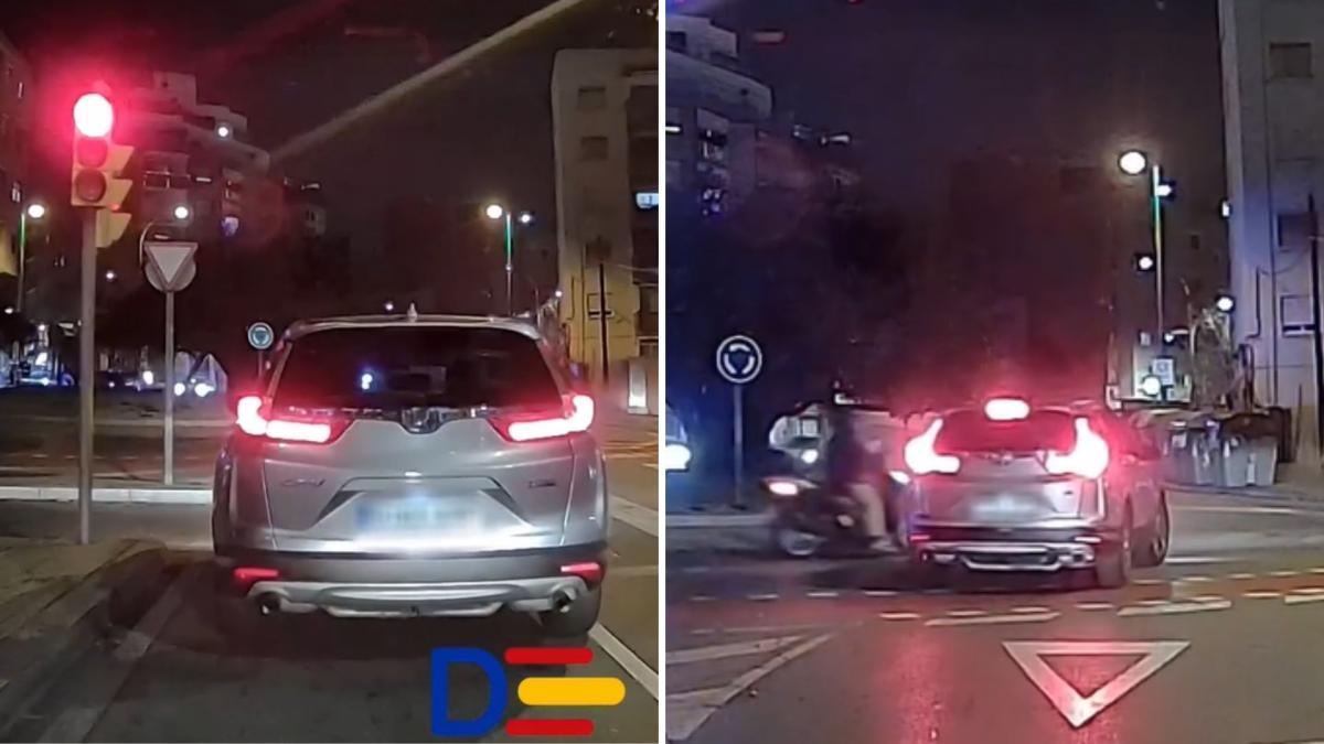 Der unerhörte Moment, als ein Fahrer auf einer Straße in L'Hospitalet de Llobregat eine rote Ampel überfährt