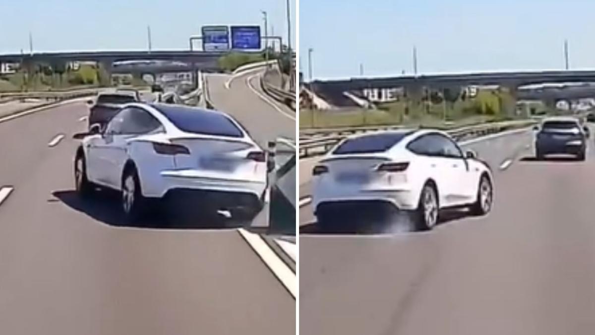 Das spektakuläre Schleudern eines Tesla auf einer Autobahn in Madrid, nachdem er in letzter Minute die Richtung geändert hat: „Fast and Furious“