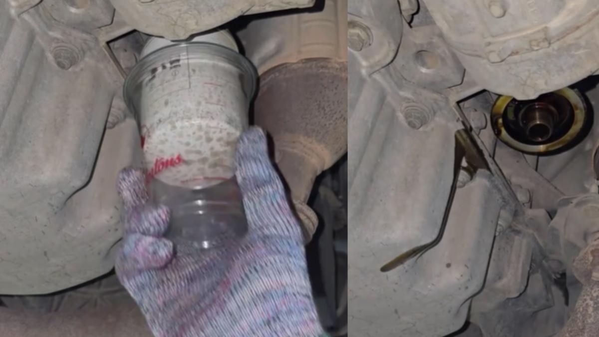 A mechanic shows off his trick for changing a car's oil filter using a plastic cup, and he's getting criticized: "You should fill it up before changing it."