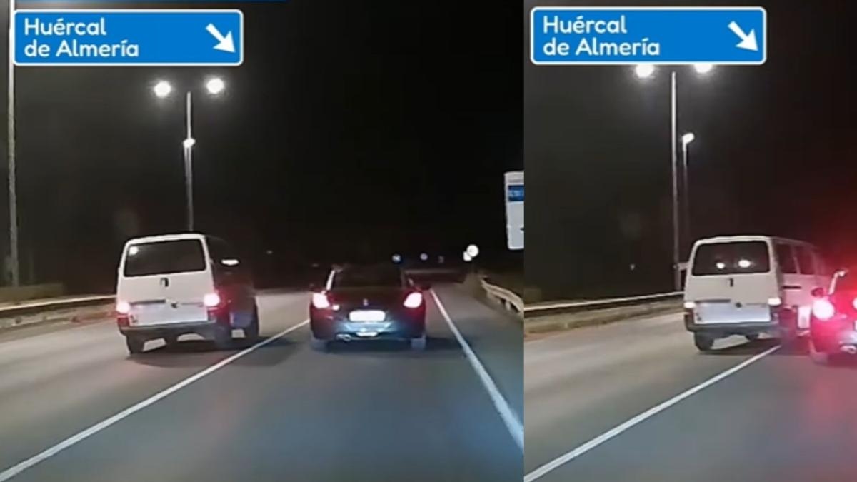 Un coche circula extremadamente lento y dando frenazos por una calle de Almería y la furgoneta de detrás se harta y se venga: “Están haciendo pruebas de frenos para la ITV”
