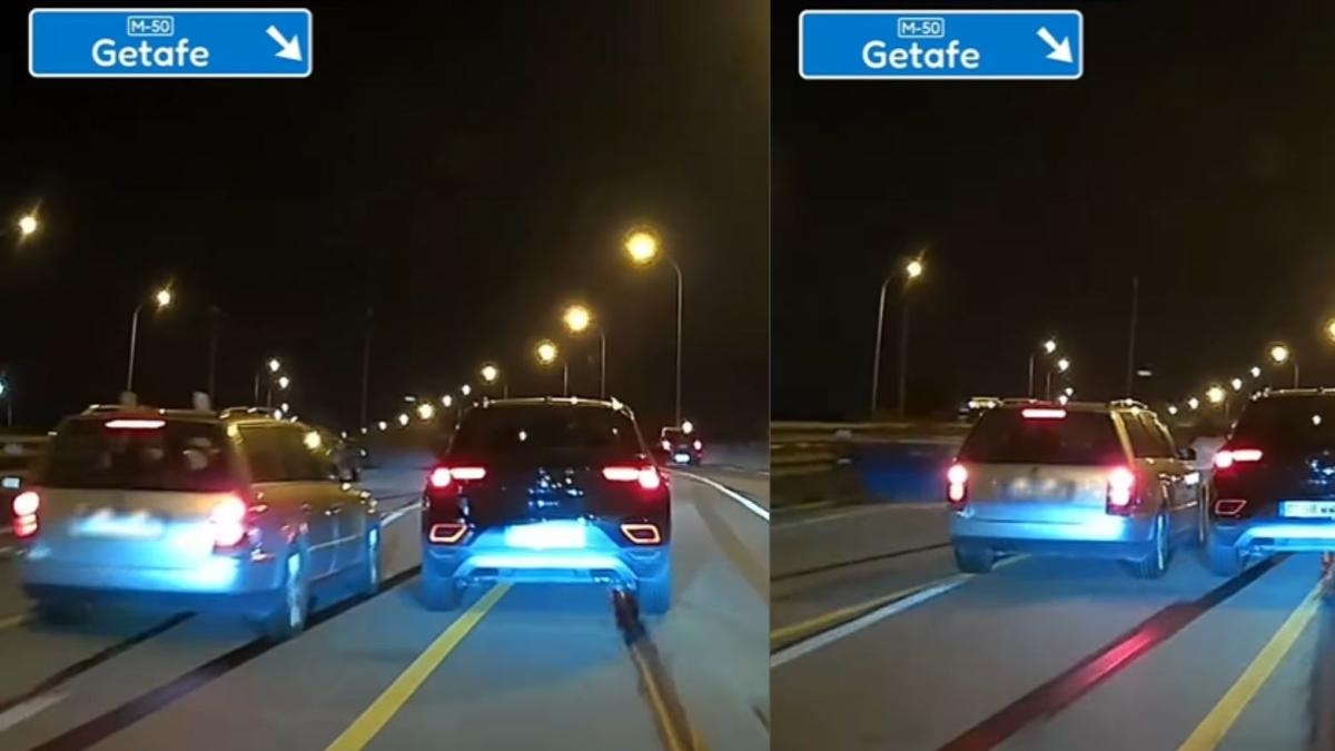 A car's reckless maneuver on a road under construction in Getafe is outrageous: "Perhaps the lines aren't yellow enough to be invisible."