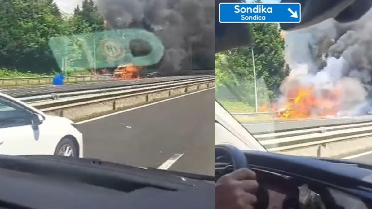 Une voiture roule sur une route de Biscaye et le moment où elle explose et brûle est enregistré sur vidéo : « Je pense que c'est une ambulance ; ce qui explose, ce sont les bouteilles qu'elle transporte. »