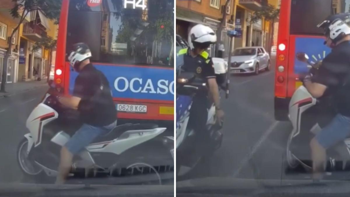A motorcyclist tries to overtake a bus at a red light in Barcelona with a solid line, but is surprised to see the Guàrdia Urbana coming from the opposite direction: "Go the wrong way, of course."