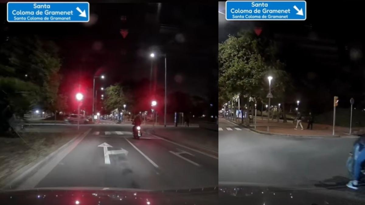 Hij legt een surrealistische motormanoeuvre vast bij een kruispunt in Santa Coloma de Gramenet, en mensen reageren verbaasd: "Laat hem maar terug naar de rijschool gaan."