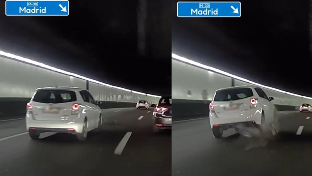 Ein Autofahrer erschrickt in einem Tunnel der Madrider Autobahn M-30, als er mitten auf dem Asphalt etwas findet: „Das neue Mario Kart.“