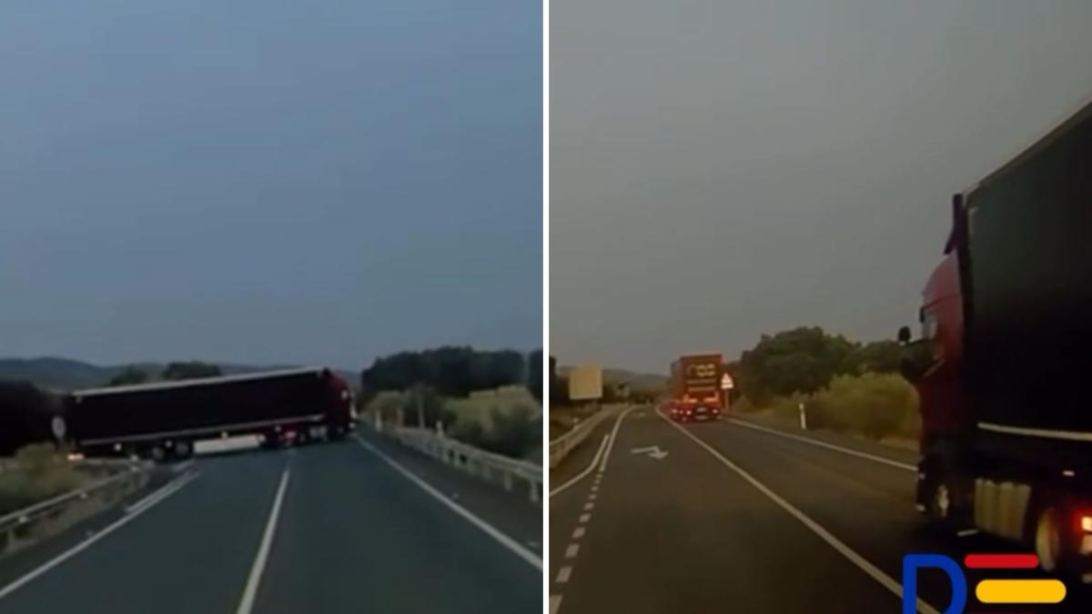 A entrada imprudente de um caminhão em uma estrada de Cáceres força outro motorista a fazer uma manobra perigosa: "Graças a Deus não vinha ninguém na nossa direção."