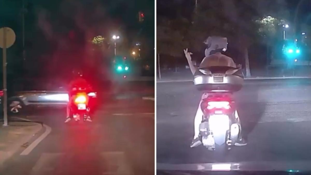 Hij rijdt door het rode licht in Huelva en staat op het punt een ernstig ongeluk te krijgen met zijn motor.