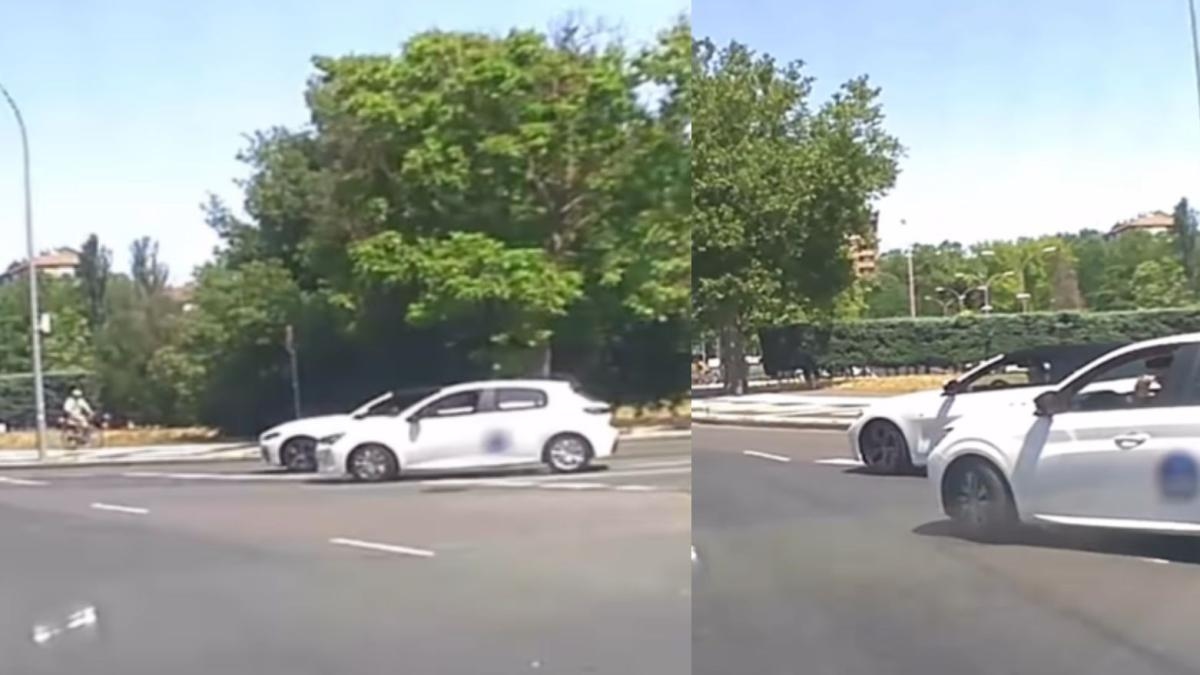 Op een rotonde in Vitoria negeren twee auto's het voorrangsbord en staan op het punt een ernstig ongeluk te veroorzaken: "Wat leren ze op rijscholen?"