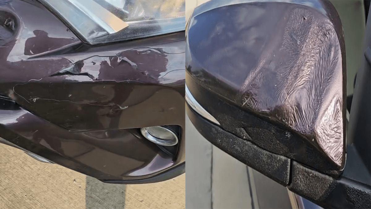 Er zeigt, welche erheblichen Schäden sein Auto erlitten hat, nachdem es in der prallen Sonne geparkt war: „Ich habe nie etwas angefahren und es schmilzt.“