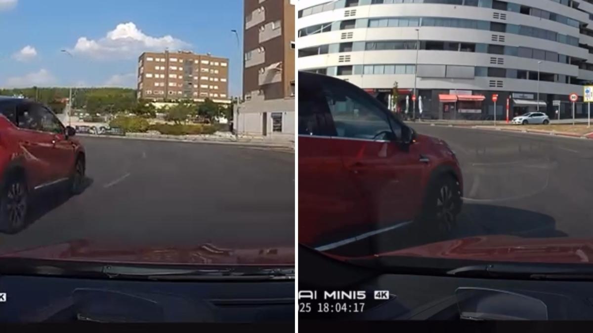 Das rücksichtslose Manöver eines roten Fahrzeugs auf einem Kreisverkehr in Rivas-Vaciamadrid zwingt einen anderen Fahrer zum Bremsen, um den Aufprall zu vermeiden.