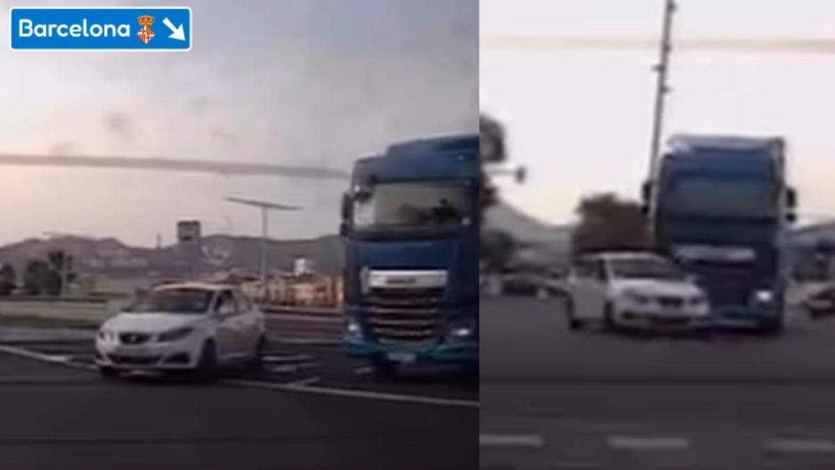 Wstrząsająca scena na rondzie w Barcelonie, gdzie ciężarówka zjeżdża z wewnętrznego pasa, ignorując oznakowanie drogowe, zmuszając inny samochód do ominięcia sytuacji kolejnym aktem lekkomyślności: „A on się tym nie przejmuje, nawet nie zauważa”.