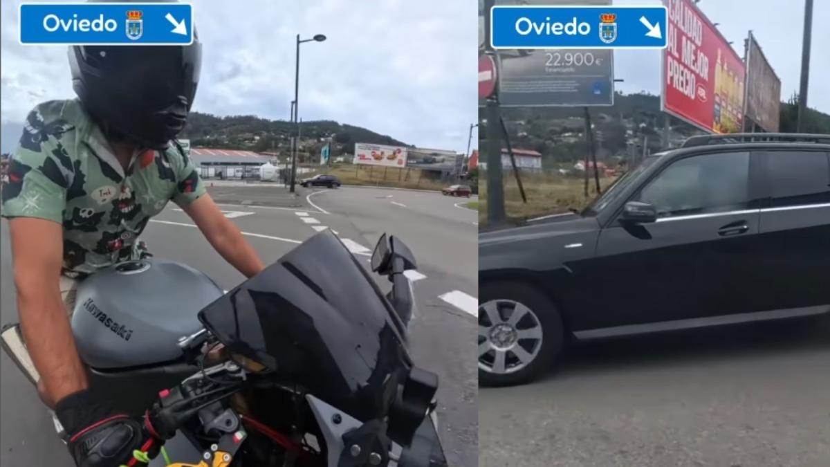 Oviedo'daki bir kavşakta dur işaretine uymayan bir sürücü cep telefonuyla meşgul oluyor ve neredeyse bir motosikletliye çarpıyor: "Bu video, DGT'nin onu sürücü yeniden eğitim kursuna çağırması için yeterli olmalı."